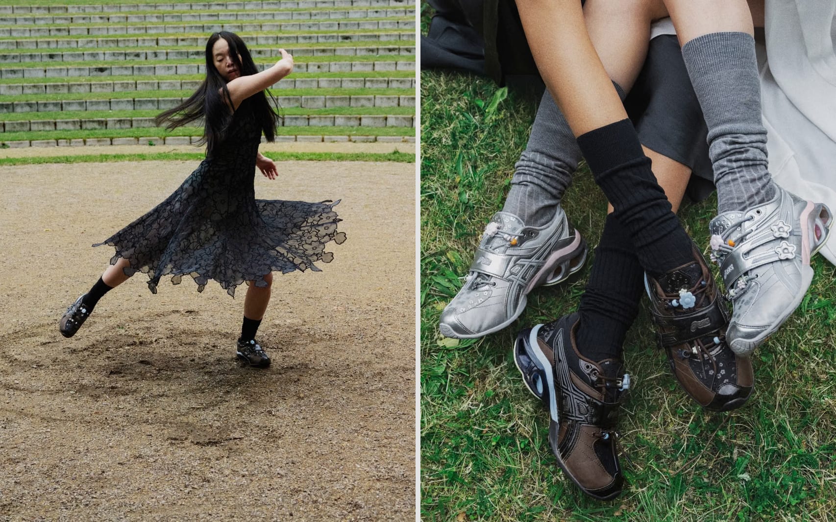 De Cecilie Bahnsen x Asics Gel Kinetic FR bloeit op in Black Coffee en Pure Silver