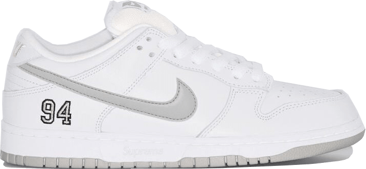 Supreme x Nike SB Dunk Low "White Metallic Silver"