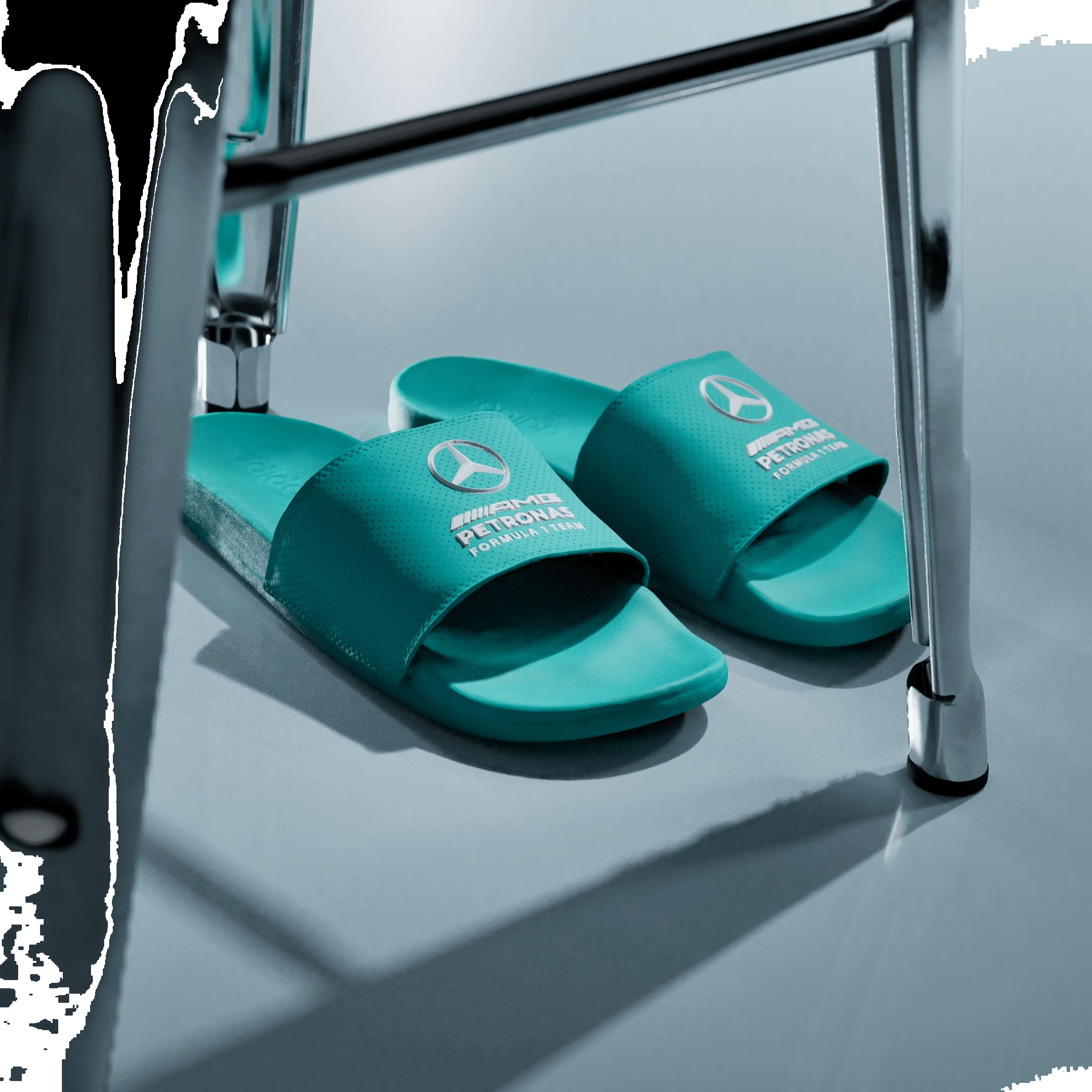 adidas Adilette Comfort Slides Mercedes-AMG Petronas Formula One Team Semi Mint Rush White